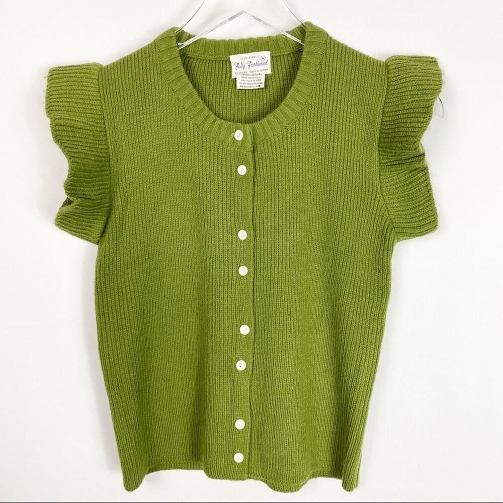 Vintage‎ Green Ruffle Cap Sleeve Button Front Fully Fashioned Sweater M